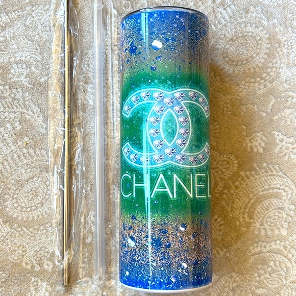 Brand New Stainless Steel Chanel Blue & Green Travel Tumbler Bottle w/ Straws - Picture 1 of 13